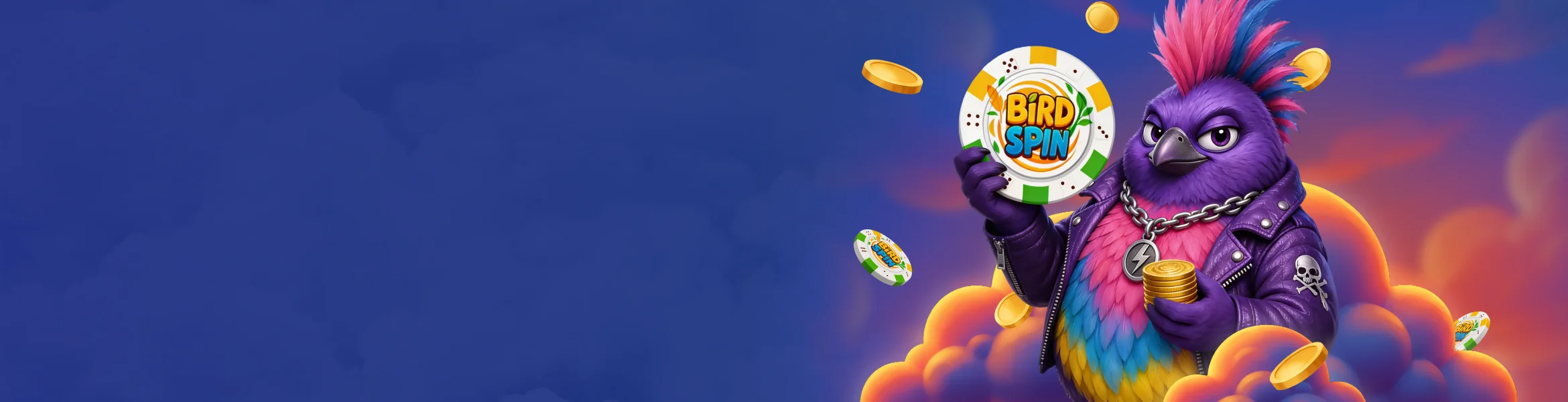 Η μασκότ του BirdSpin, ένα πανκ πουλί πάνω σε χρυσή μάρκα, εικονογράφηση του πακέτου καλωσορίσματος
